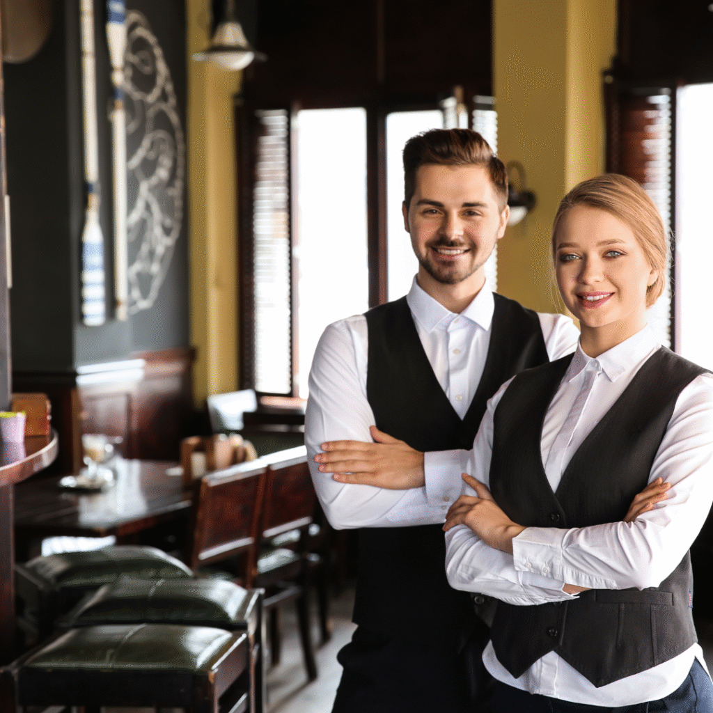 Dos camareros profesionales sonriendo con confianza y los brazos cruzados, listos para brindar un servicio excepcional en Malta.