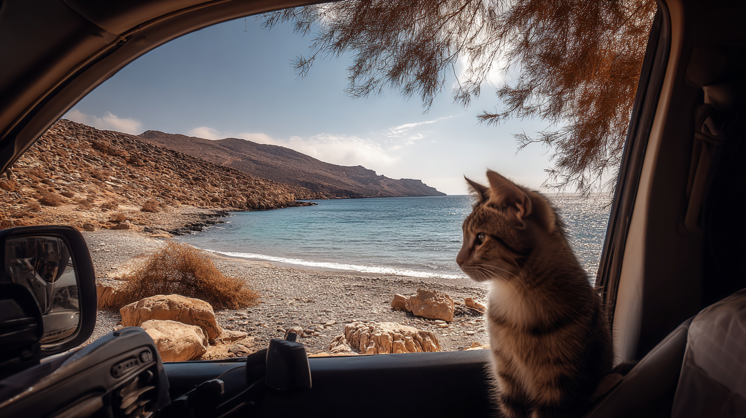 Gato en Malta mirando hacia el mar Mediterráneo desde la ventana de un coche, símbolo de la vida tranquila y curiosa de los gatos en Malta