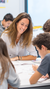 Profesora ayudando a estudiantes en colegios en Malta