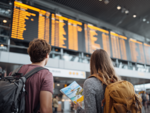 Estudiantes internacionales buscando transporte en el aeropuerto de Malta
